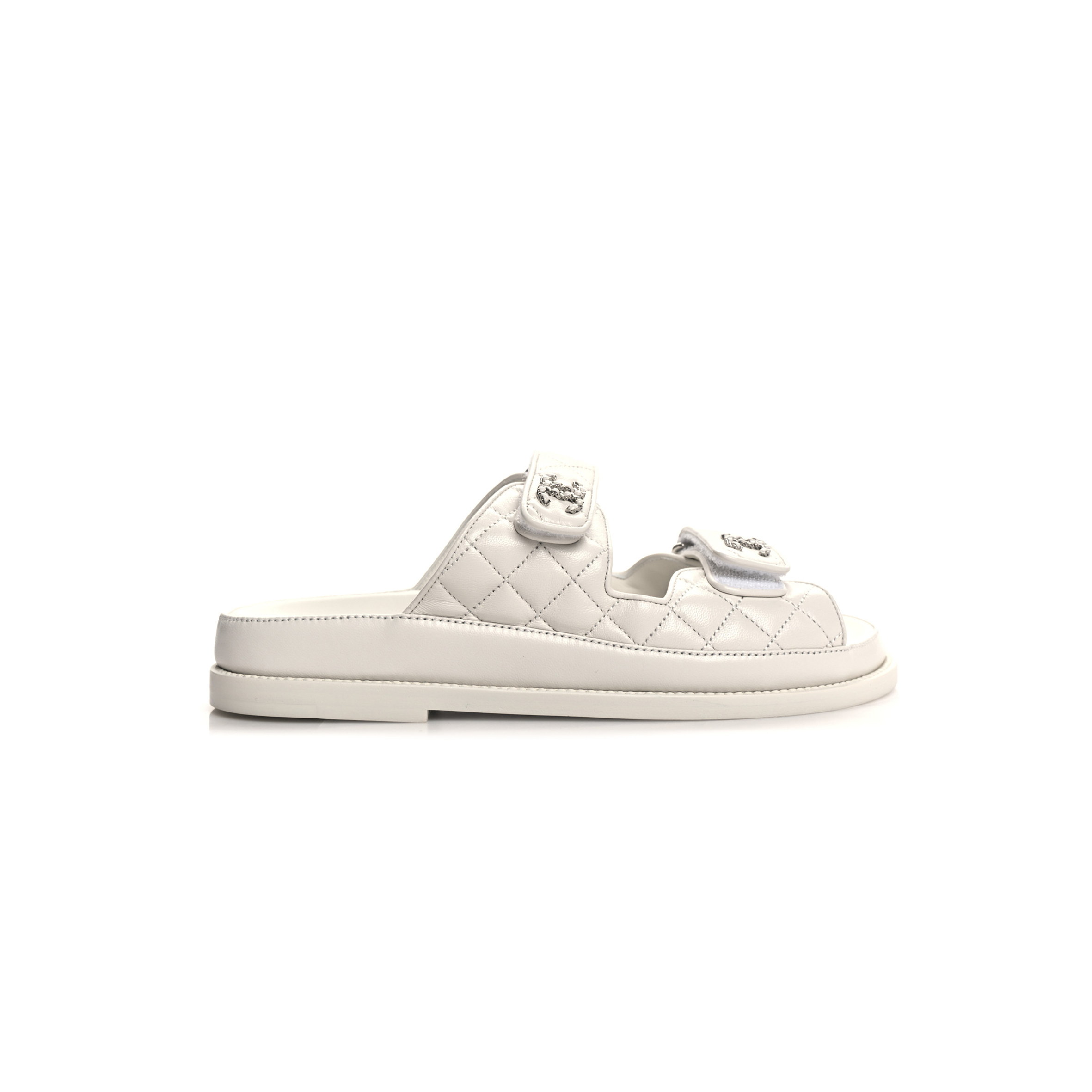 CHANEL LAMBSKIN QUILTED VELCRO DAD CHAIN CC SLIDE SANDALS 